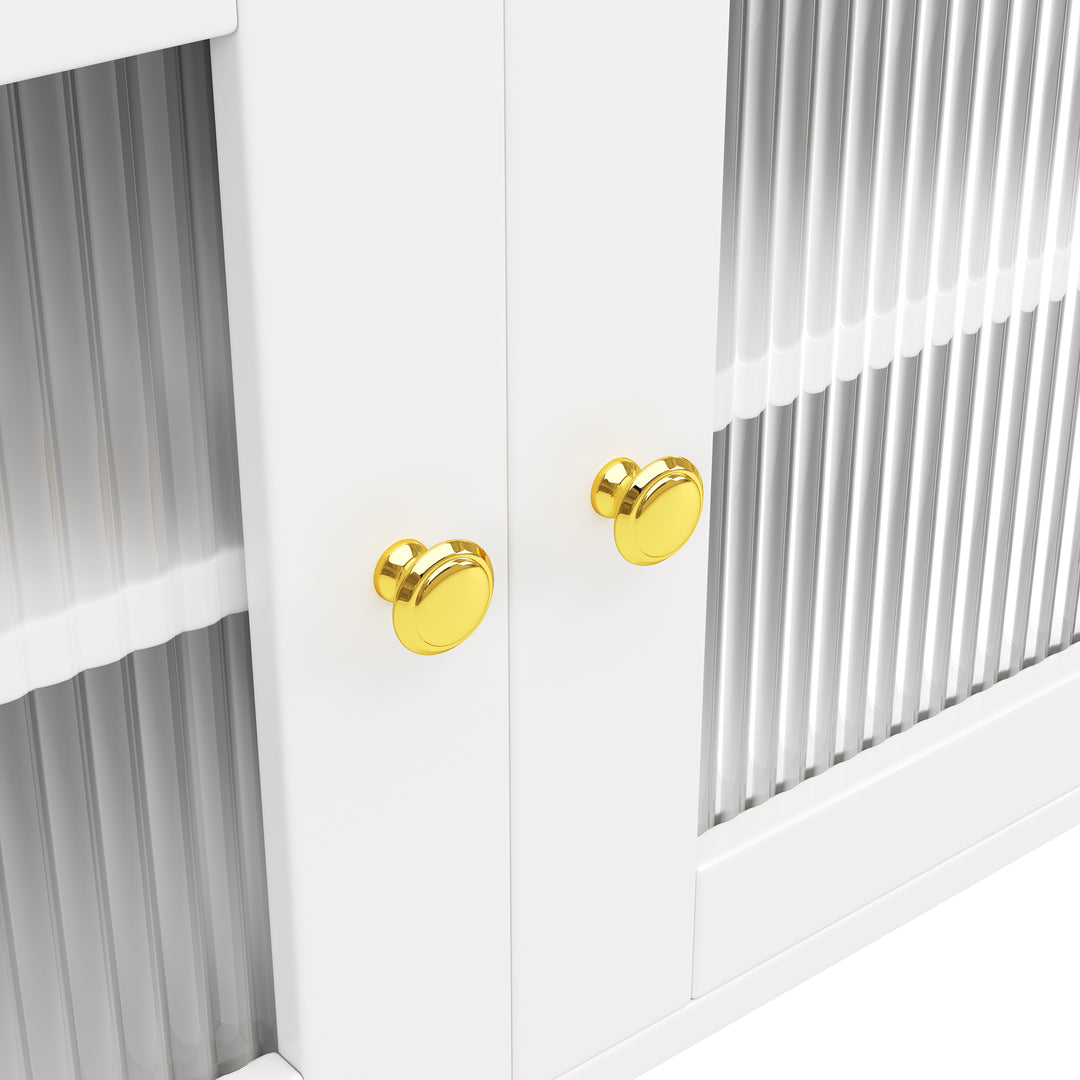 Modern white kitchen cabinet cupboard fluted glass doors, wine rack, and gold accents FROSTGLEN