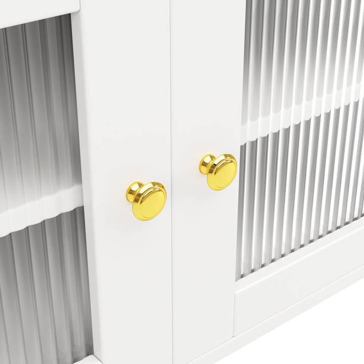 Modern white kitchen cabinet cupboard fluted glass doors, wine rack, and gold accents FROSTGLEN
