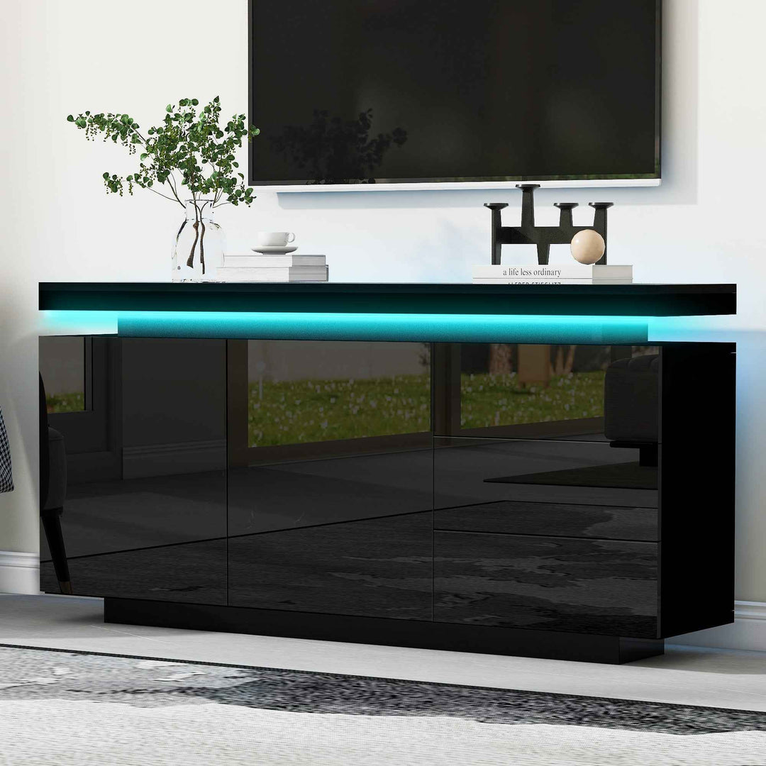 Black high gloss sideboard with LED lights with 2 doors & 3 drawers INFINITECLARITYY