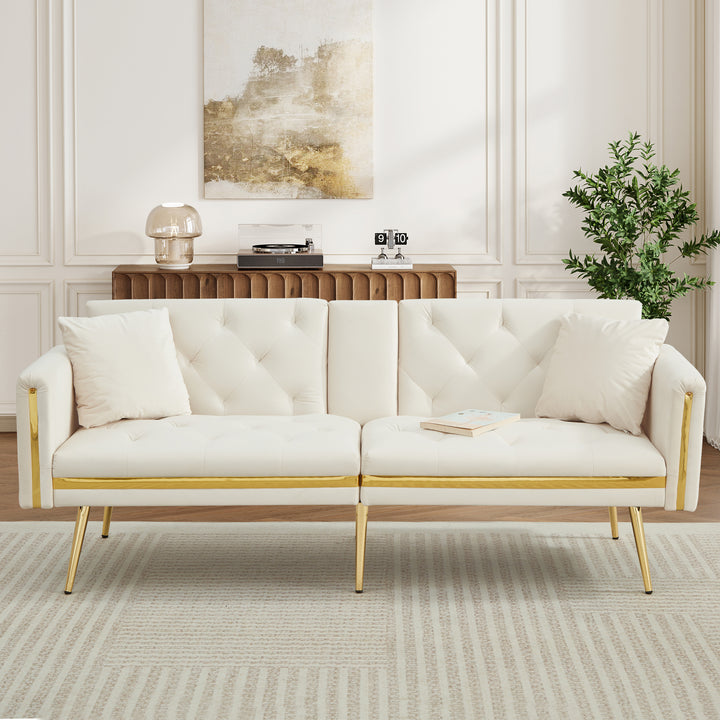 Beige velvet tufted 2-seater sofa bed with gold legs hidden fold-down cup holder COTTONPUFF