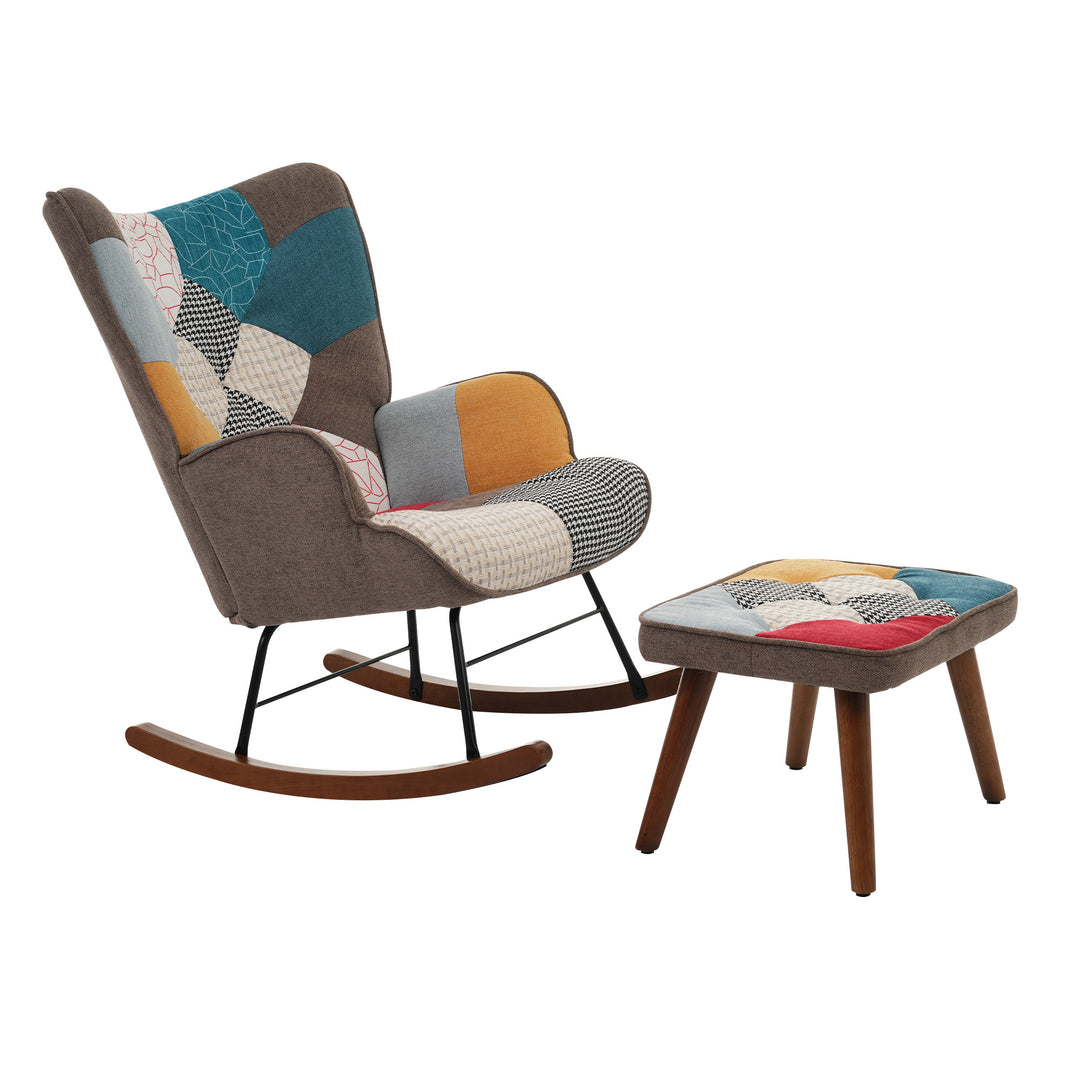 Patchwork wingback rocking chair with ottoman QHORNI UK