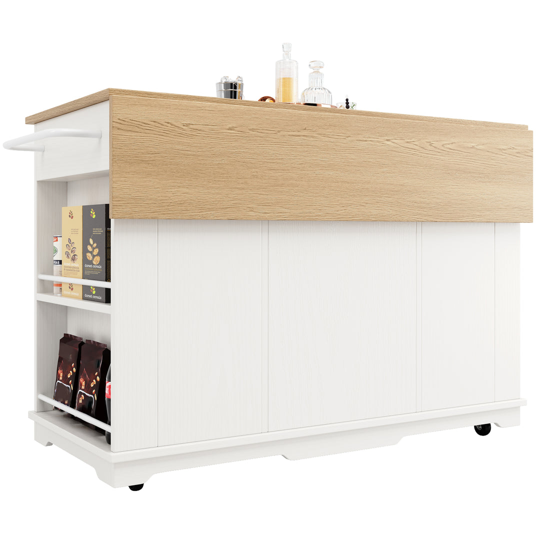 White kitchen Island trolley wood-grain look, tempered glass cabinet BEEGLUE