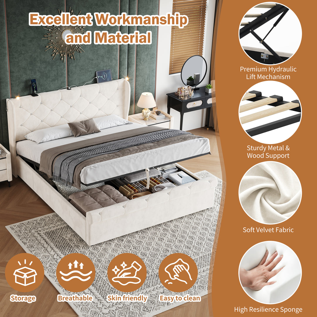 Beige velvet tufted upholstered ottoman double bed end opening (135x190cm) RADIOLARI