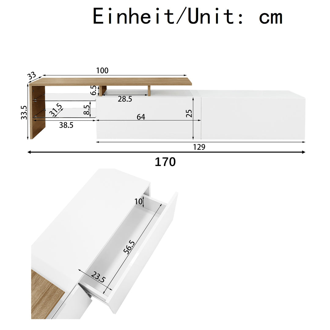 White hihg-gloss TV cabinet storage space, wood look, glass shelves, LED lighting MOLD