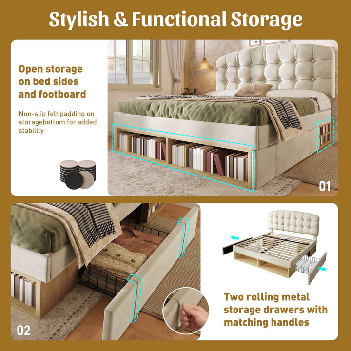 Double Bed Frame with Storage Drawers Velvet Upholstered, 135x190cm, Beige, No Mattress BEDRESIN