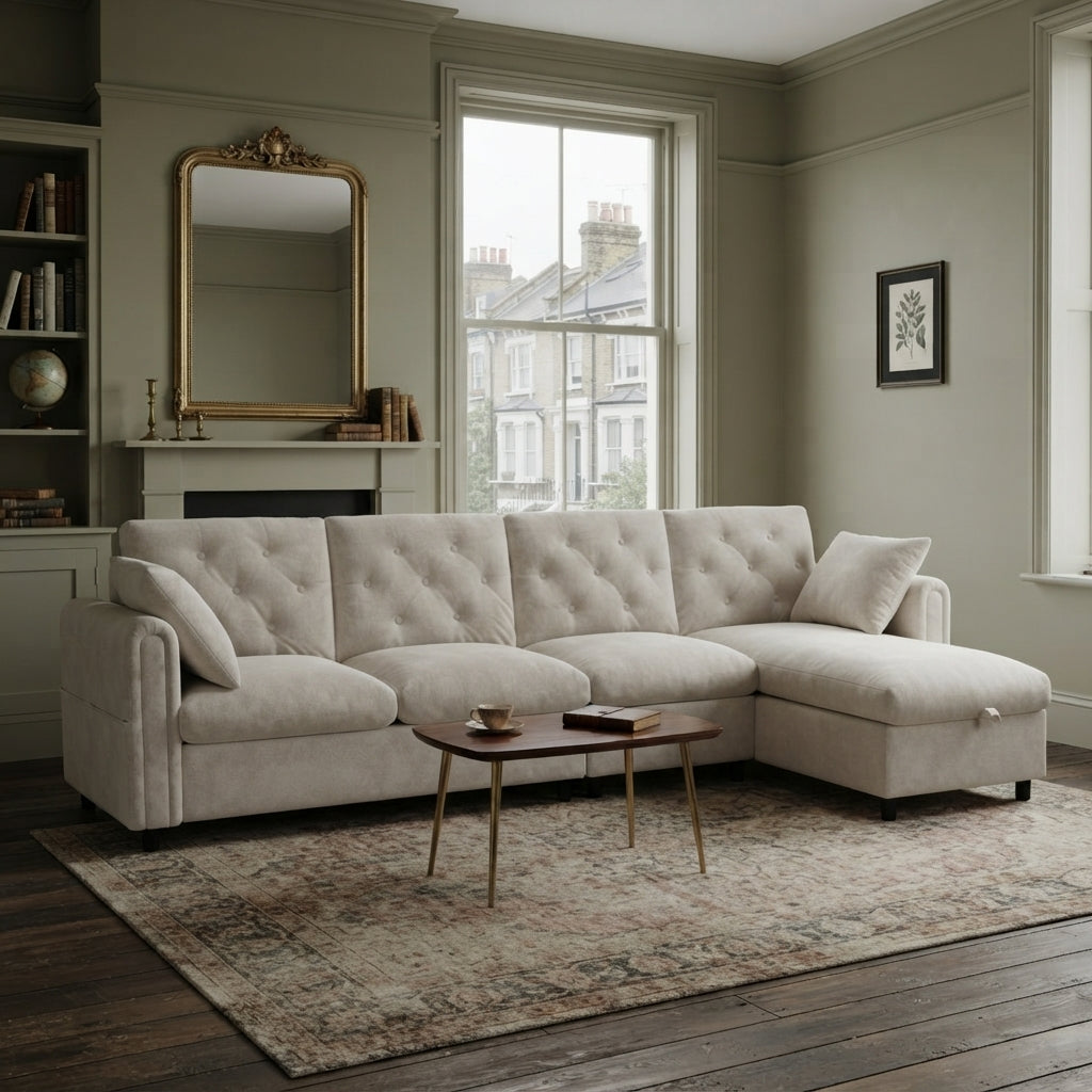 Modern L-shaped 3-seater velvet beige sectional sofa with storage chaise 281x132x86cm ELEGANT STEEL LINE