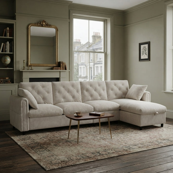 Modern L-shaped 3-seater velvet beige sectional sofa with storage chaise 281x132x86cm ELEGANT STEEL LINE