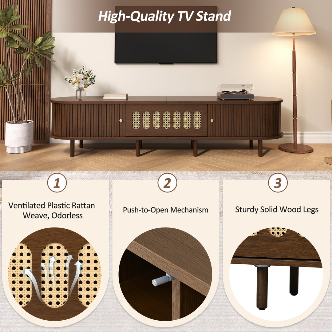 Retro Walnut TV Stand with Rattan-Look and Roll-Up Doors 180 cm VANITYPLACE