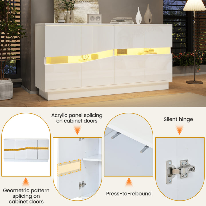 White High-Gloss Sideboard&nbsp;with 4 Doors & LED Lighting 140cm WICKERTABLE