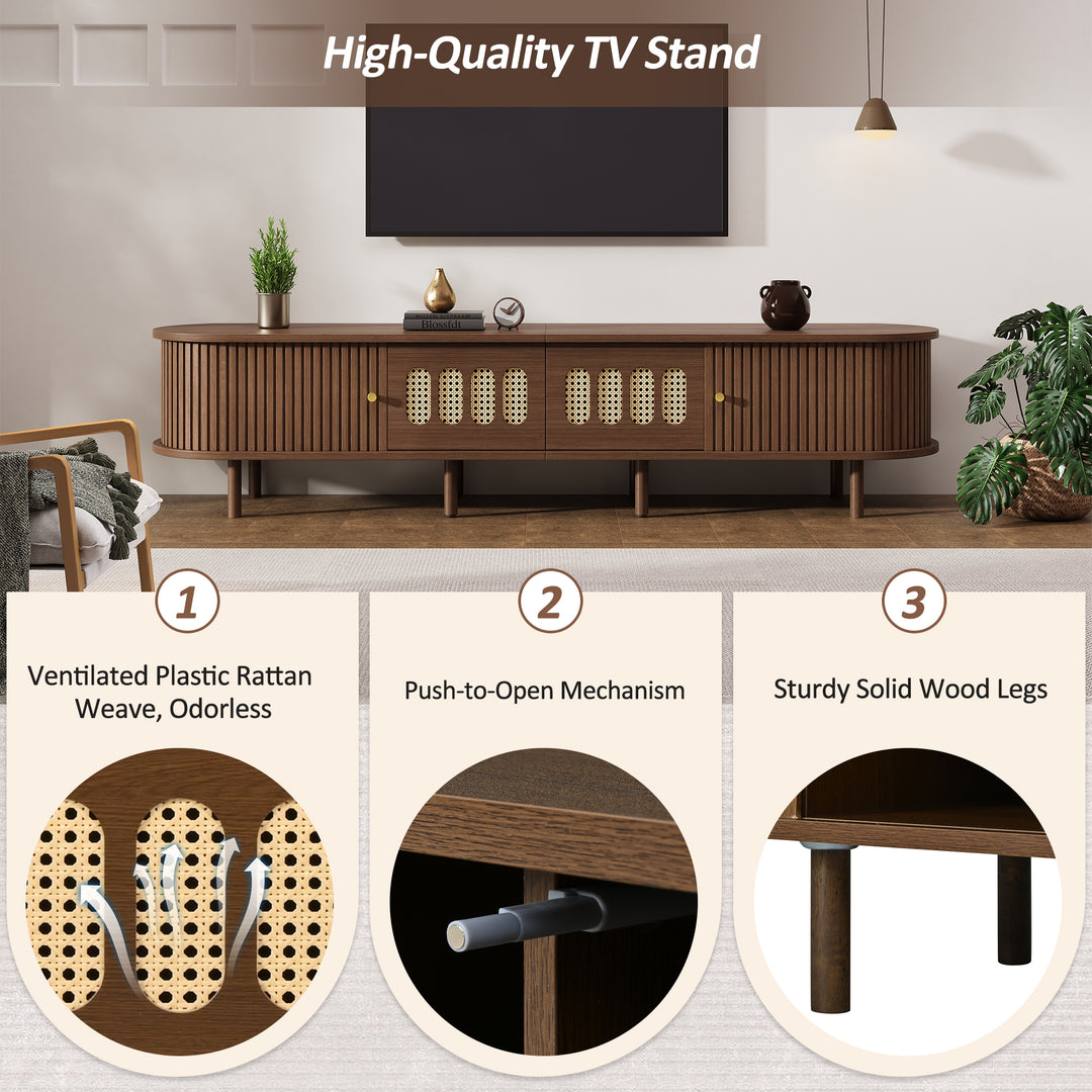 Walnut Oval TV Stand with 2 Drawers and 2 Tambour Doors with Rattan 180cm VANITYPLUS