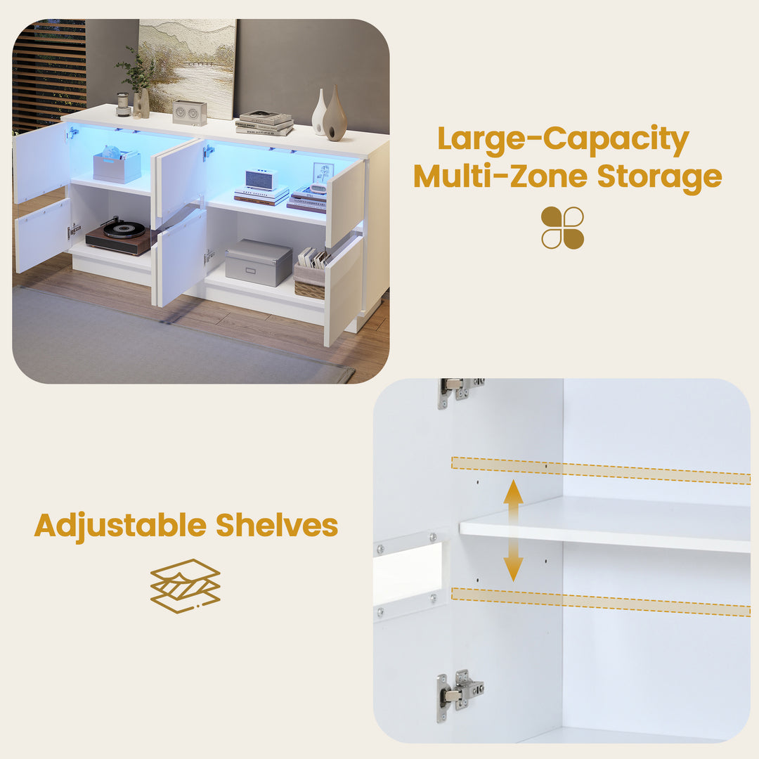 White High-Gloss Sideboard&nbsp;with 4 Doors & LED Lighting 140cm WICKERTABLE