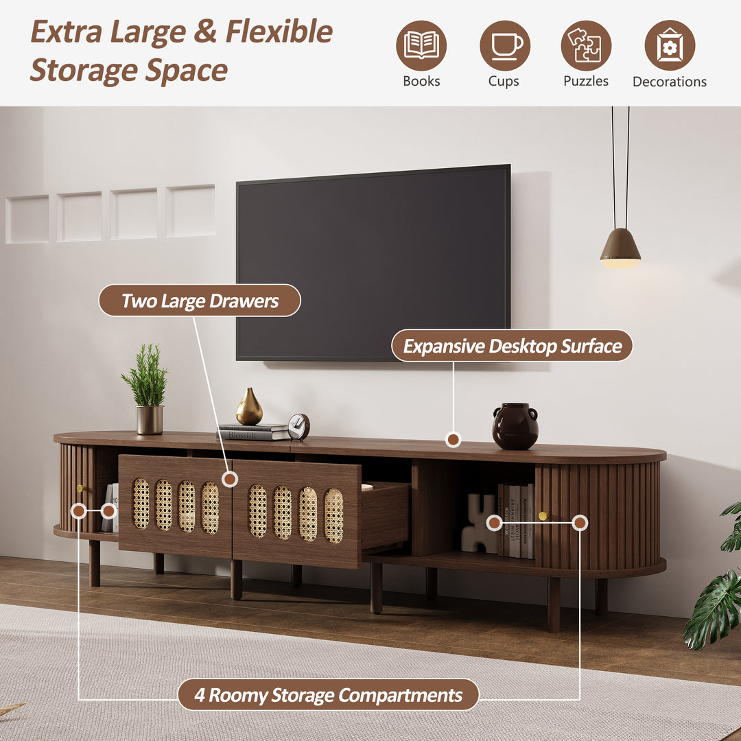 Walnut Oval TV Stand with 2 Drawers and 2 Tambour Doors with Rattan 180cm VANITYPLUS