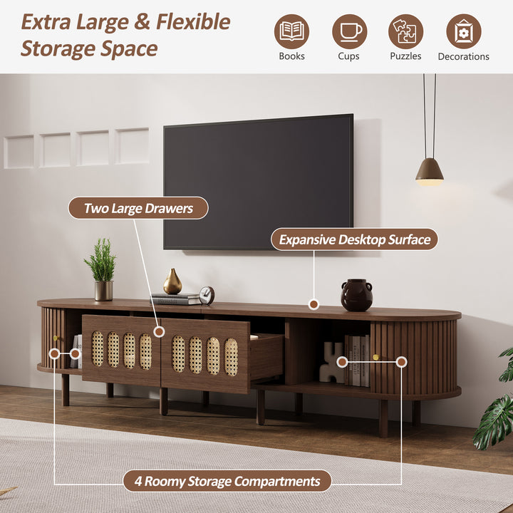 Walnut Oval TV Stand with 2 Drawers and 2 Tambour Doors with Rattan 180cm VANITYPLUS