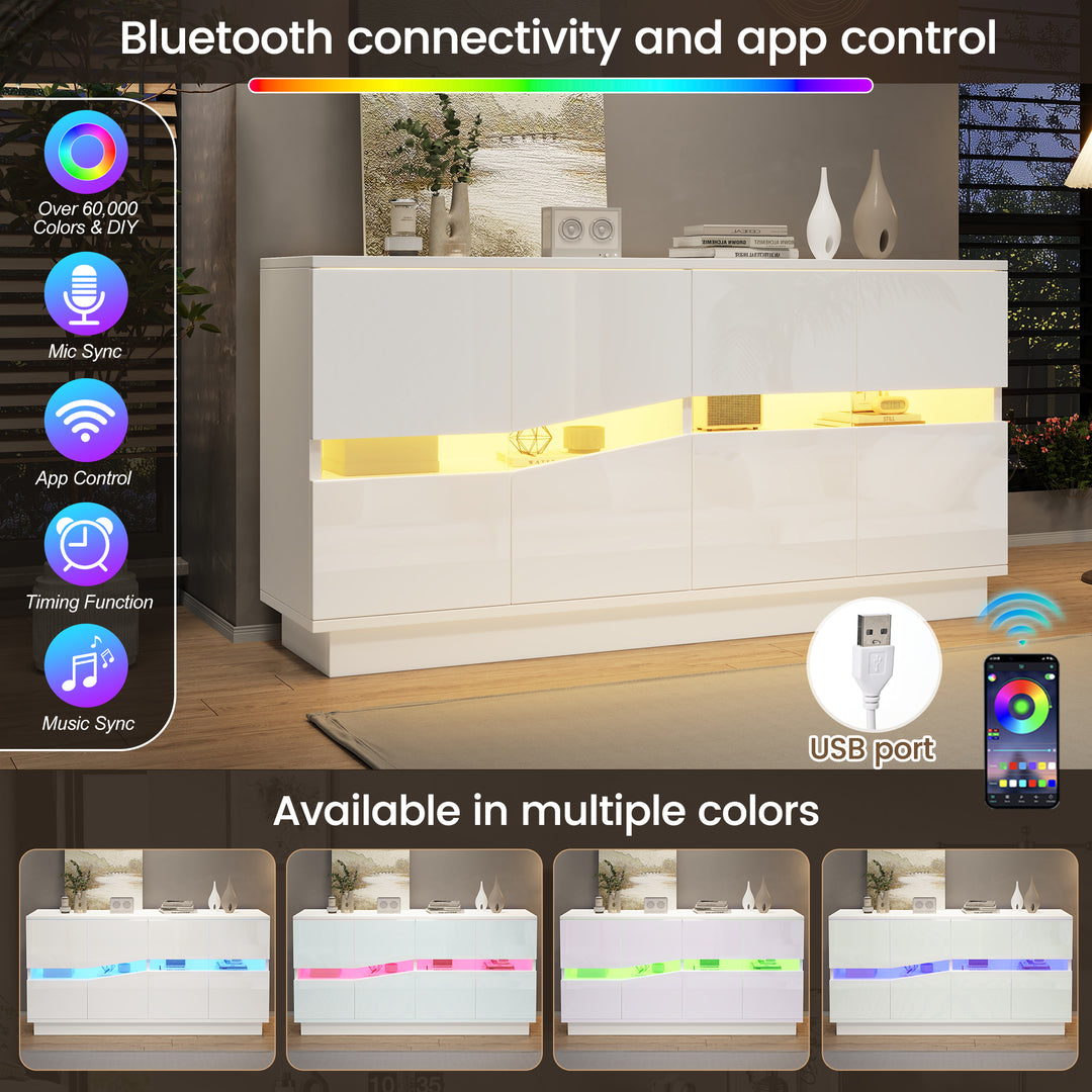 White High-Gloss Sideboard&nbsp;with 4 Doors & LED Lighting 140cm WICKERTABLE