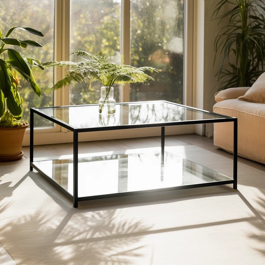 Square glass coffee table 2-tiers steel frame HUDD