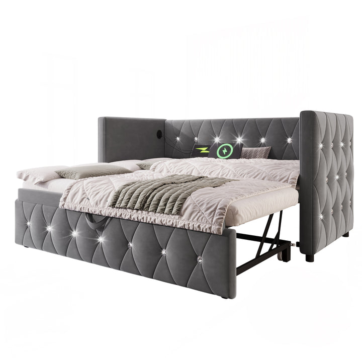 Grey velvet single upholstered guest day bed diamond design with trundle, USB charging STEKZEL GREY UK
