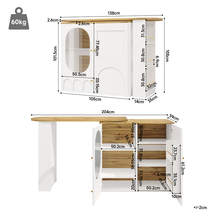 360° rotating bar table with storage space, kitchen island, two doors with shelves (body 138 x 39 x 105 cm) PYRAMID
