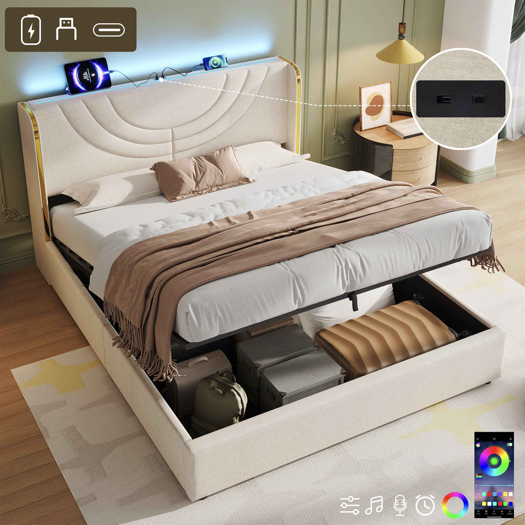 Double Bed Frame 4ft6 with Hydraulic Storage, LED Headboard, USB & Type-C Charging, Linen Upholstered, Chrome Trim, Beige, No Box Spring Needed, Ideal for Modern Bedrooms (No Mattress)