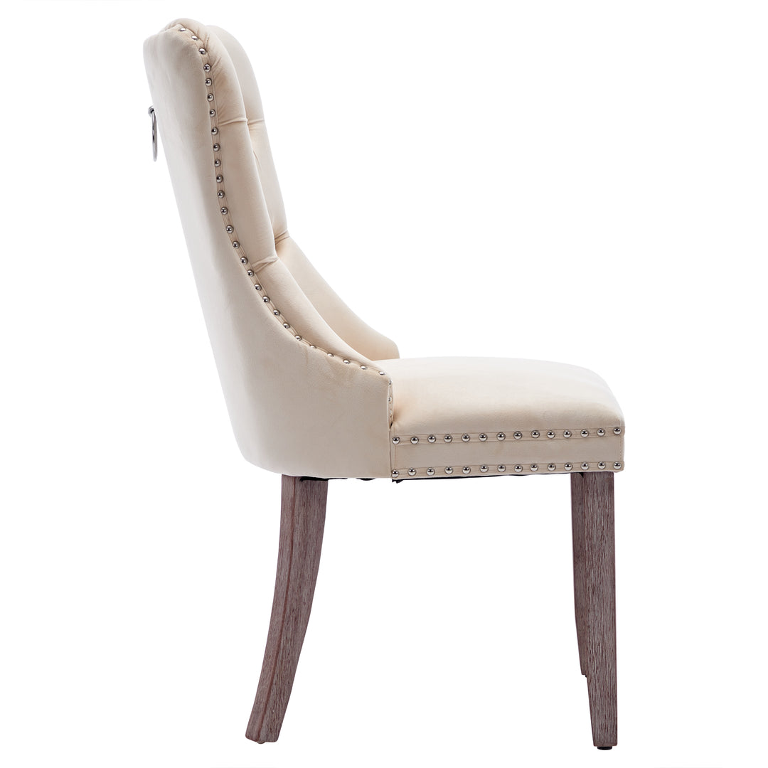 Set of 4 dining chairs velvet beige tufted with solid wood legs, nailheads and back chrome ring ELYSIUMAL