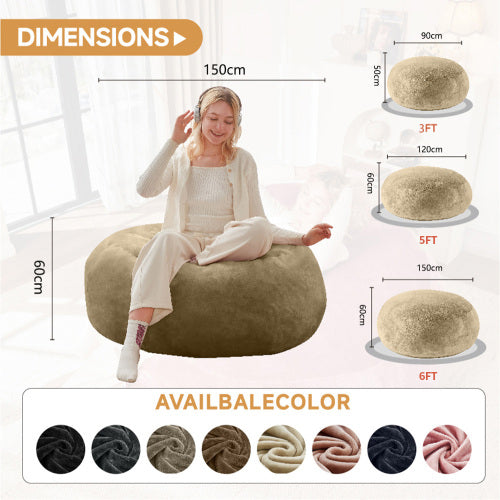 Giant beige round bean bag sofa with soft plush cover 150cm CRESCENTEON