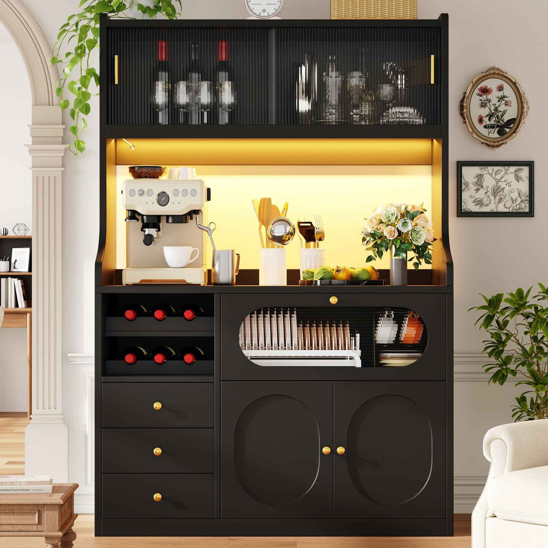 Black kitchen hutch cabinet with RGB LED, glass doors, wine rack & drawers 120x40x180cm QUADVANITY