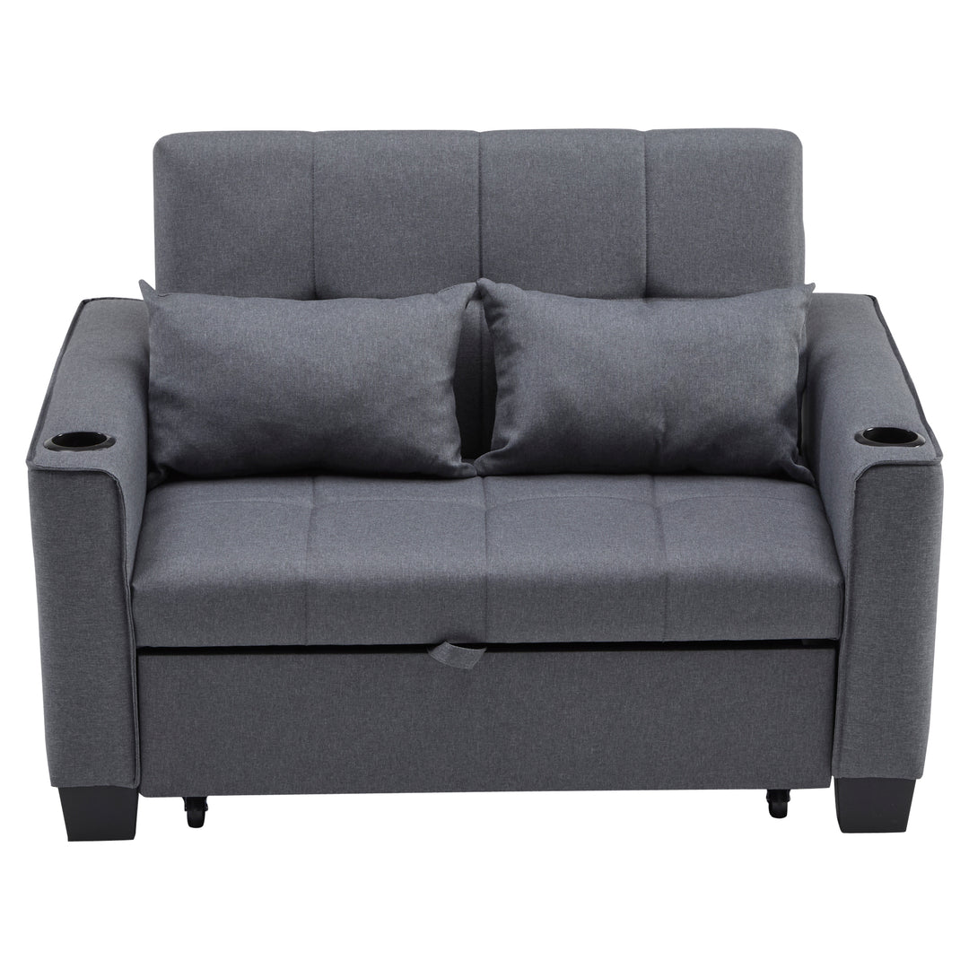 Gray fabric convertible 2-seater sofa bed pull-out design, adjustable backrest, and storage FROSTSTONE