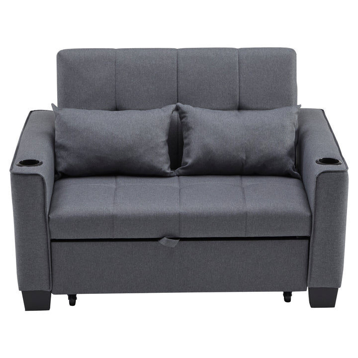 Gray fabric convertible 2-seater sofa bed pull-out design, adjustable backrest, and storage FROSTSTONE