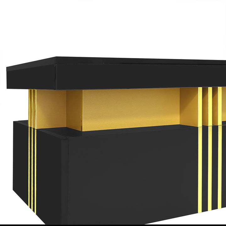 Modern black coffee table with marble-pattern top golden accents LEDGER