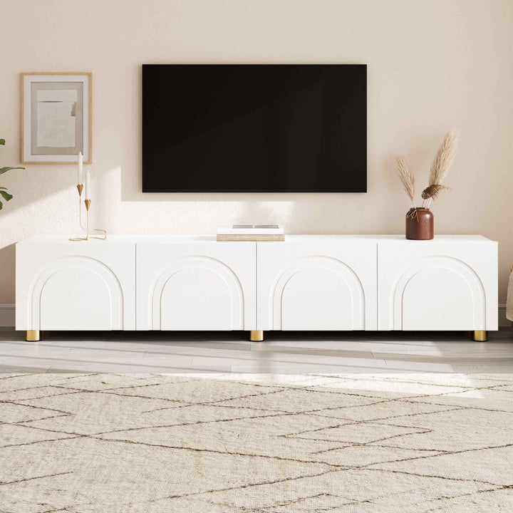 00+缺图 TV Cabinet 180 cm White with 4-Door Arch Relief Lowboard for Living Room TRITRAY