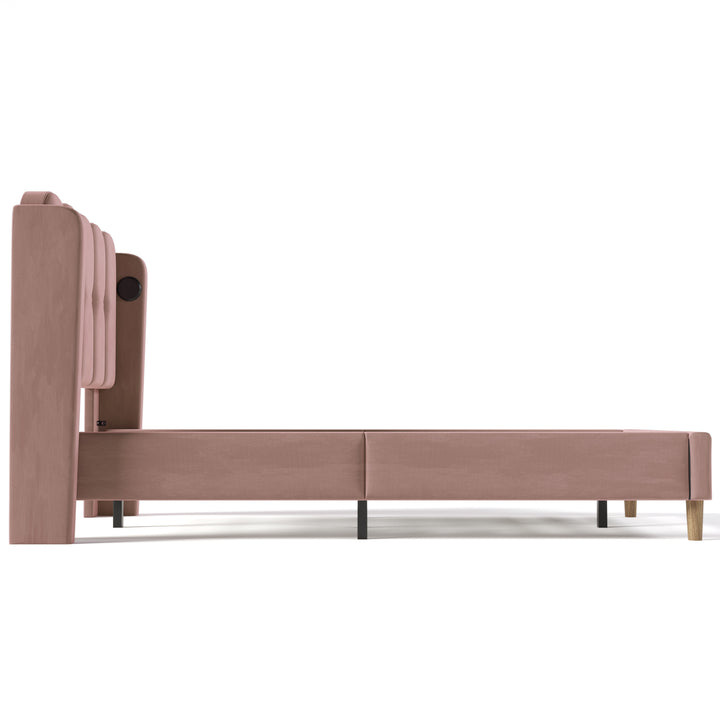 Pink velvet upholstered single divan bed frame with USB charging KRIGIED SINGLE PINK UK