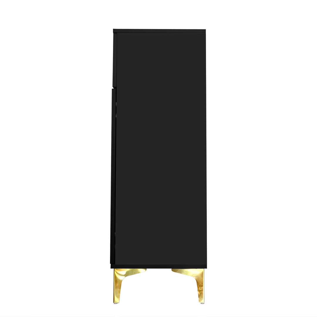 Black shoe cabinet with textured design and golden legs CEDARGLADE UK
