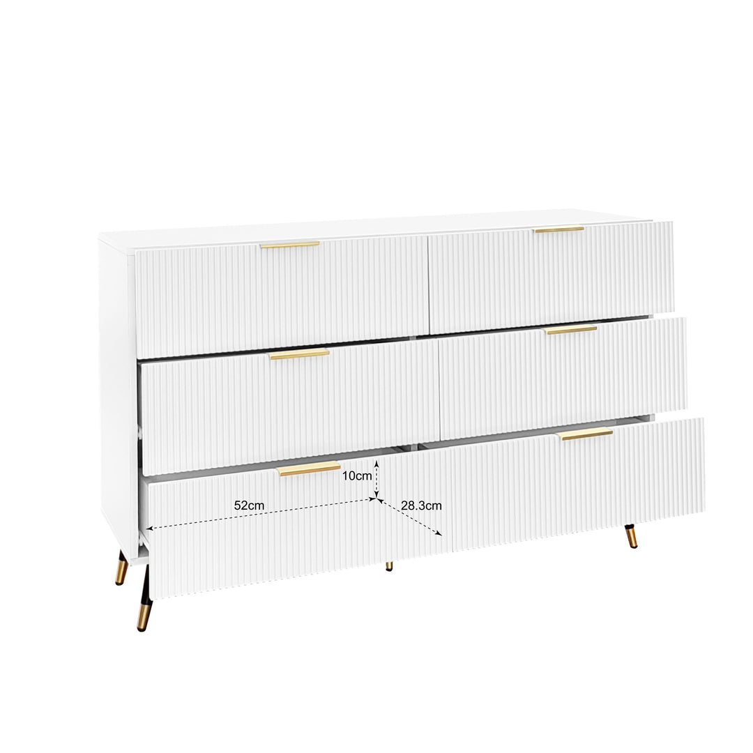 White and gold particle board storage sideboard with 6 drawers FERNGLADE UK