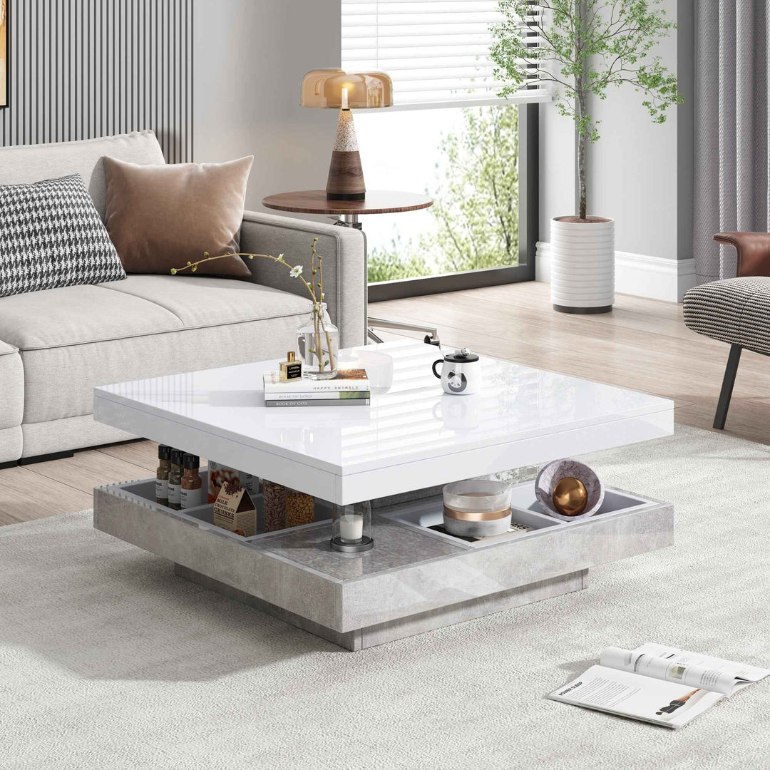 Rotating 360° white high-gloss coffee table marble-patterned, double-layer storage FLARENEXUSA