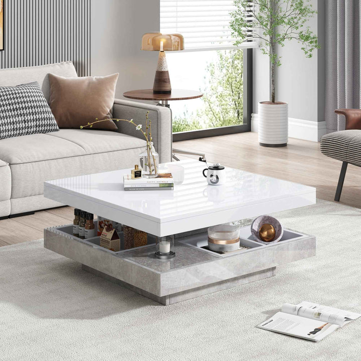 Rotating 360° white high-gloss coffee table marble-patterned, double-layer storage FLARENEXUSA