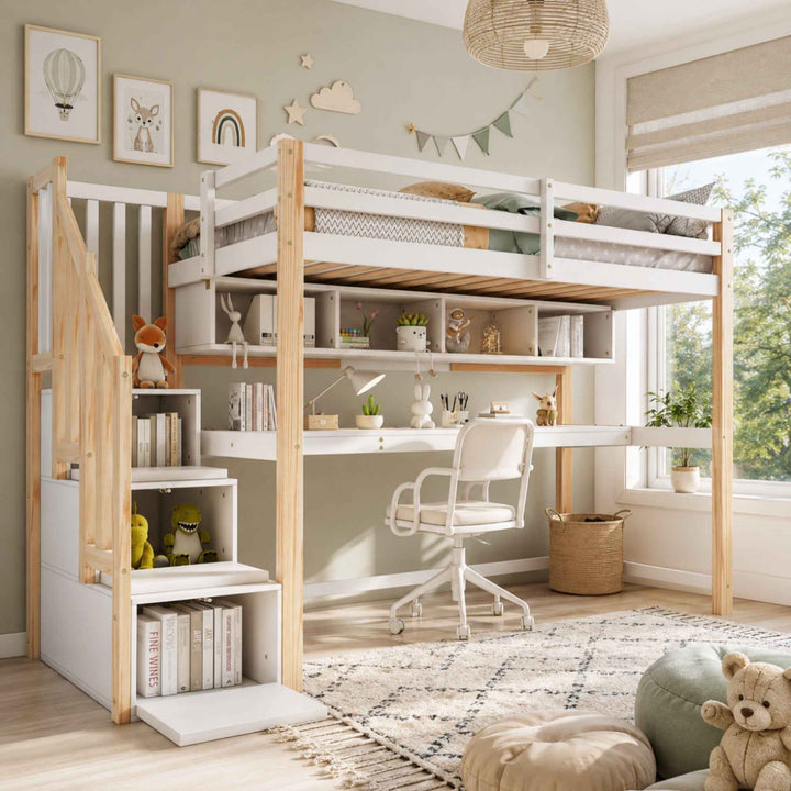00+Wood House Bunk Bed 90x190 cm Solid Pine White+Natural for Kids MARBLE CORNER