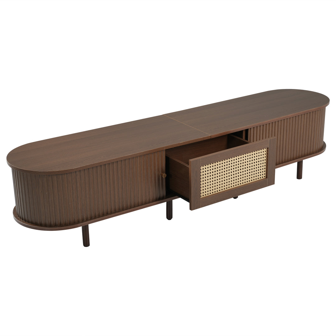 Retro walnut TV stand oval rounded corners 2 slide doors 180×40×40cm SOREN