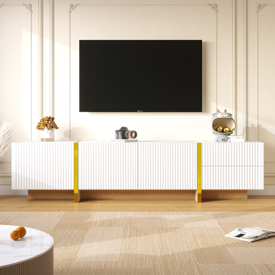 White fluted TV cabinet 3 doors, 2 drawers 190cm gloden accent CONNECTIV