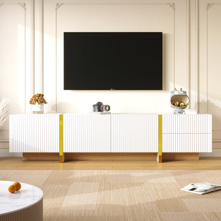 White fluted TV cabinet 3 doors, 2 drawers 190cm gloden accent CONNECTIV