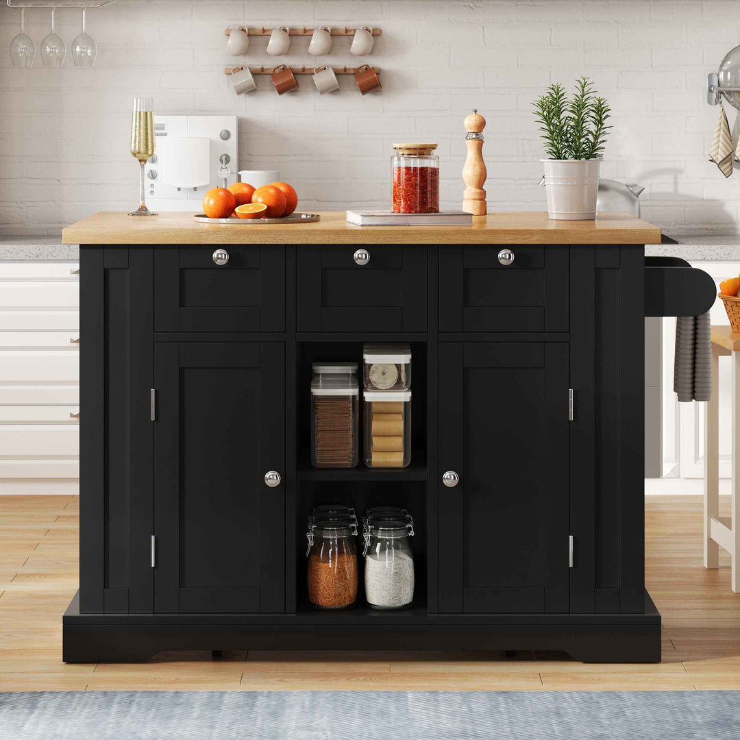 00+Kitchen Island on Wheels 132cm, Foldable Drop Leaf, MDF, Natural+Black, 3 Drawers, Spice Rack, Towel Holder, Charging Station VERTEXKORR