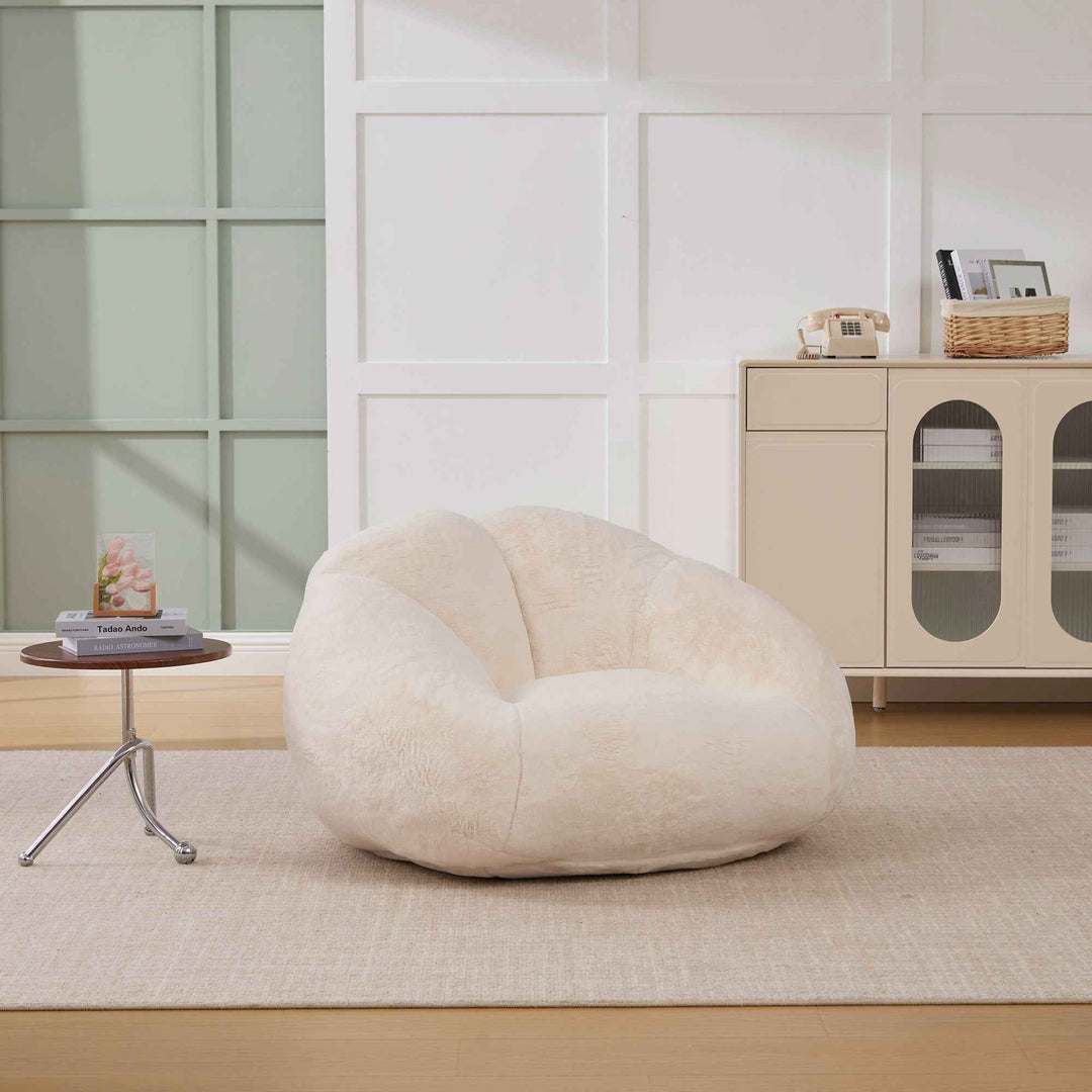 Lazy chair shell shaped sofa beige faux fur, memory foam bean bag chair removable cover