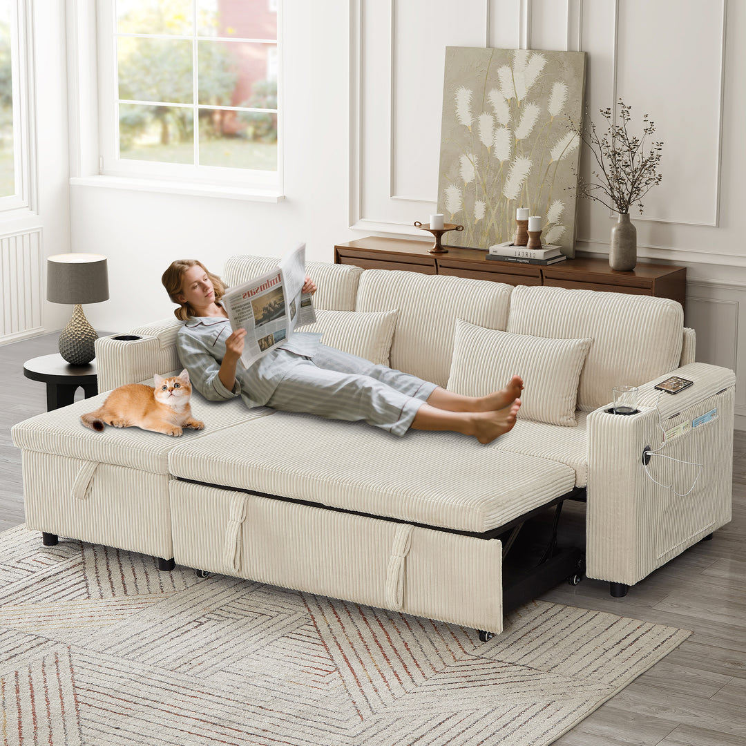 Beige corduroy 3-seater sofa bed trundle bed with storage and USB ports SPELEOTHEM UK