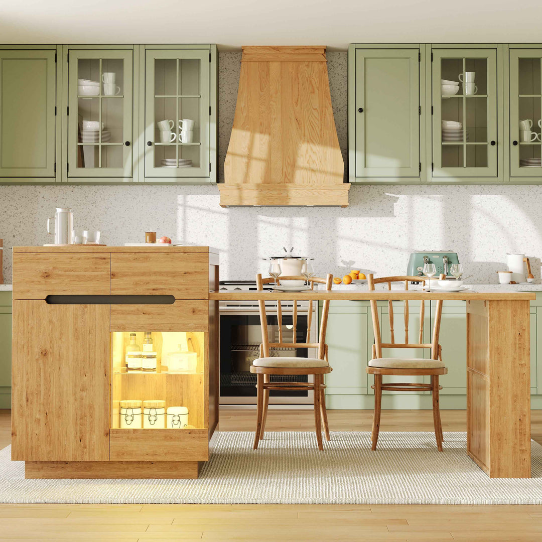 Kitchen island with extendable table, oak effect, LED glass door, 2 drawers INFINITECASC
