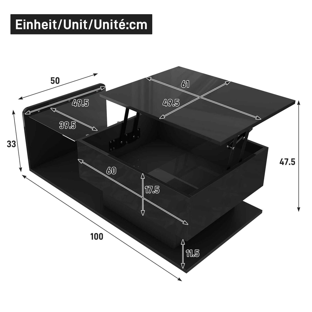 High gloss black coffee table with lift up top, LED lighting 100x50cm FLARERYLOTH