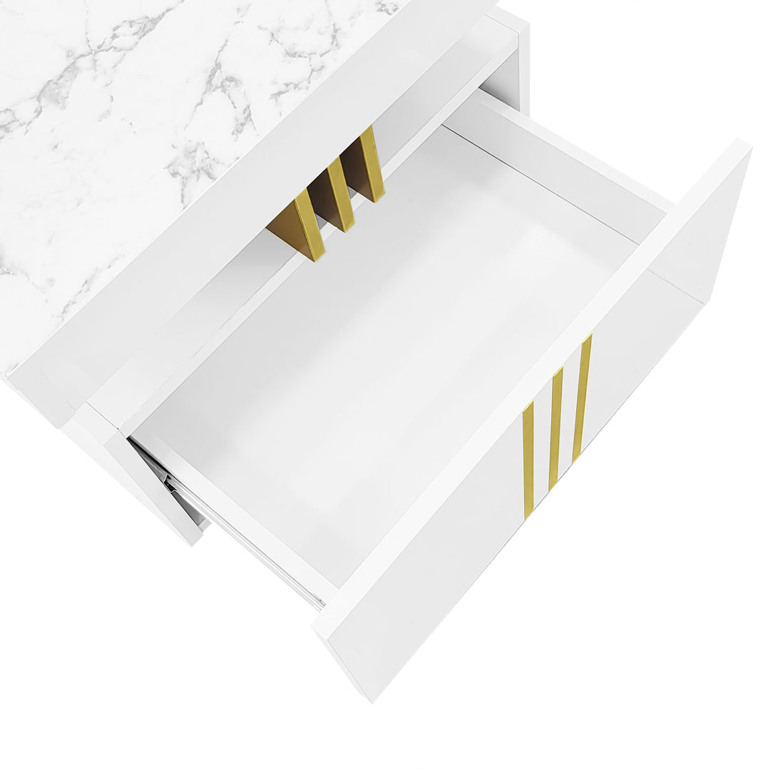 White marble look coffee table with gold accents and 2 drawers CREPUSCRAY