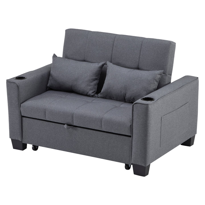 Gray fabric convertible 2-seater sofa bed pull-out design, adjustable backrest, and storage FROSTSTONE