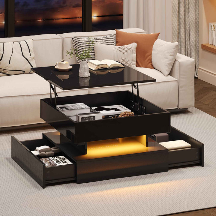 Lift top black high gloss coffee table with LED 2 drawers INFINITEMOMENTUU