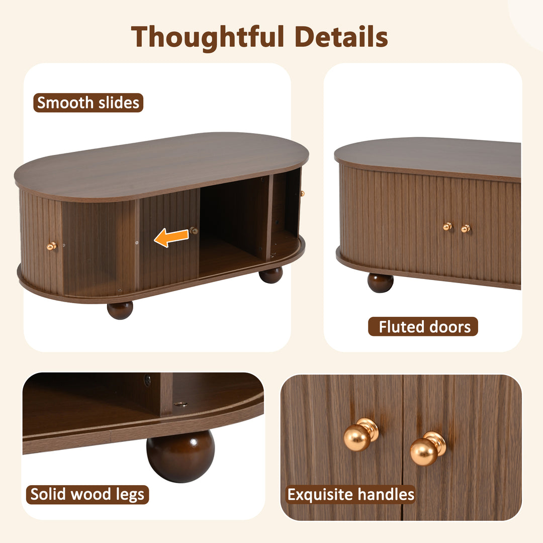 Retro wooden look oval coffee table with 2 sliding storage doors CUNEIFORMWEDGE