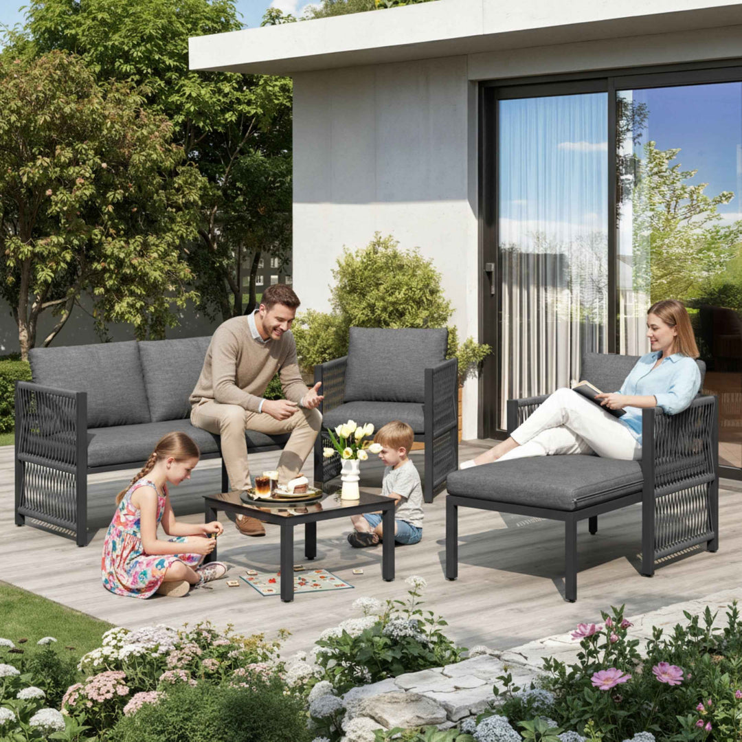 Garden furniture set 4-5 seater grey modular sofa with tempered glass table INFINITECASCD