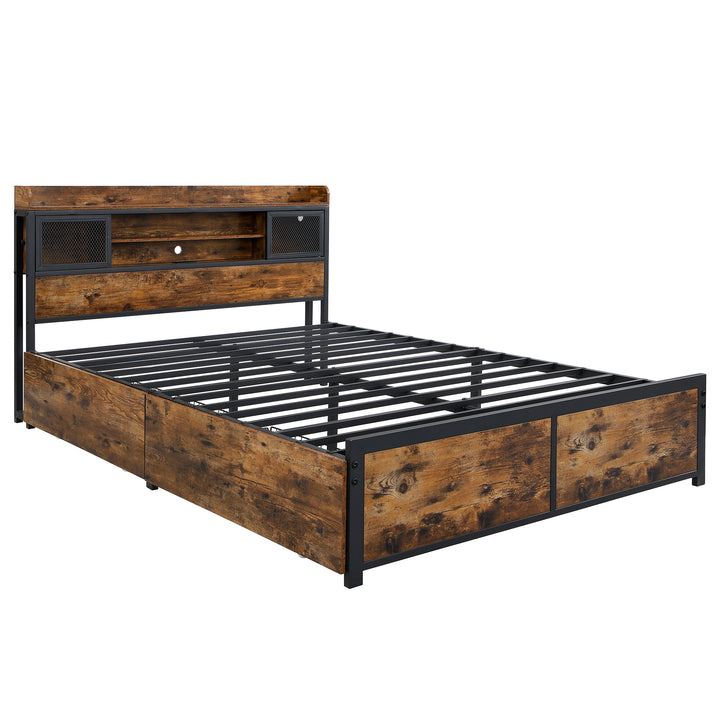 Multifunctional wooden look double bed&nbsp; with LED lighting, 2 drawers & charging ports (135x190cm) ELATERSPRING