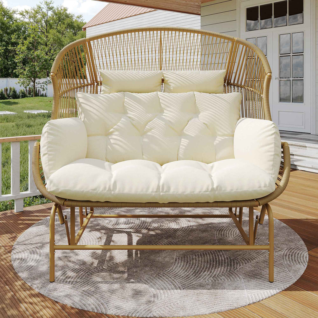 Garden rocking chair 2-seat PE Rattan beige swing with cushions FLAREINFINIX